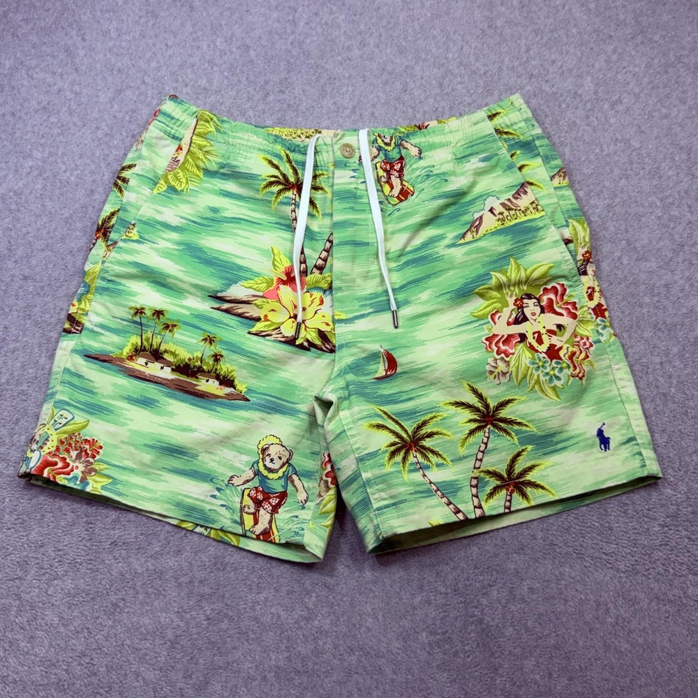 Polo Ralph Lauren Shorts Mens Small Green Polo Bear Surf Hawaiian Palm 6 Inch